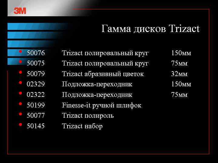 Гамма дисков Trizact • • 50076 50075 50079 02322 50199 50077 50145 Trizact полировальный