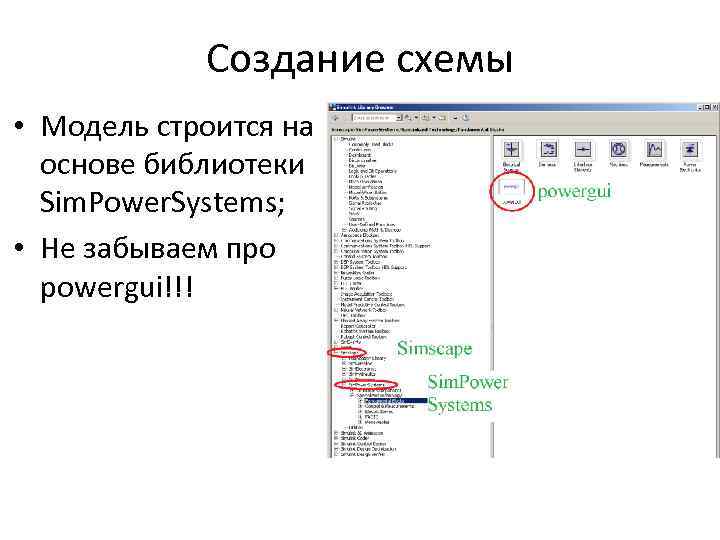 Создание схемы • Модель строится на основе библиотеки Sim. Power. Systems; • Не забываем