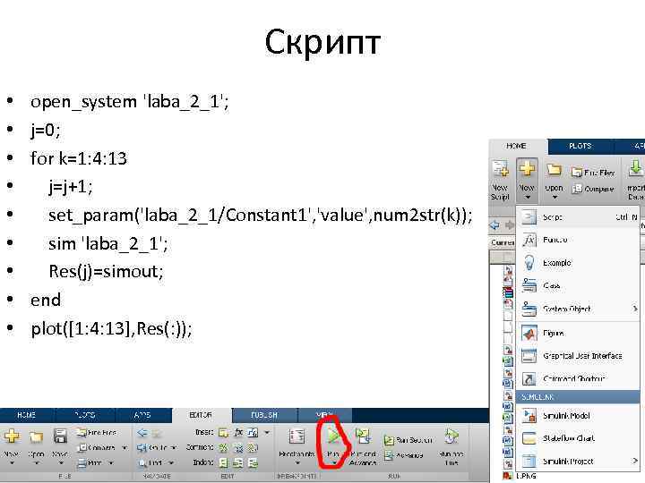 Скрипт • • • open_system 'laba_2_1'; j=0; for k=1: 4: 13 j=j+1; set_param('laba_2_1/Constant 1',