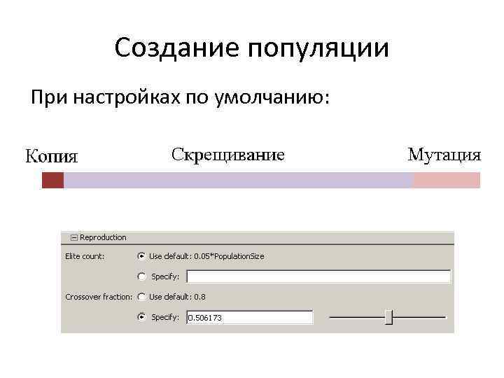 Создание популяции При настройках по умолчанию: 