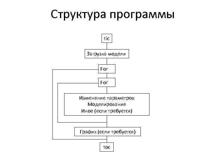 Структура программы tic Загрузка модели For Изменение параметров Моделирование Иное (если требуется) График (если