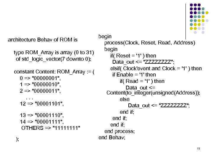 begin process(Clock, Reset, Read, Address) begin type ROM_Array is array (0 to 31) if(