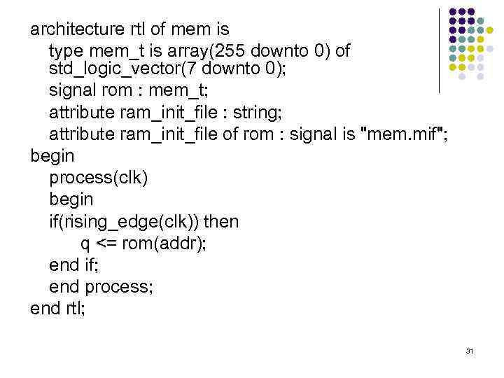 architecture rtl of mem is type mem_t is array(255 downto 0) of std_logic_vector(7 downto