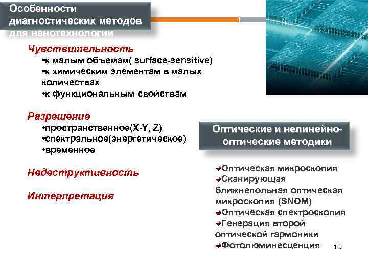 Особенности диагностических методов для нанотехнологии Чувствительность • к малым объемам( surface-sensitive) • к химическим