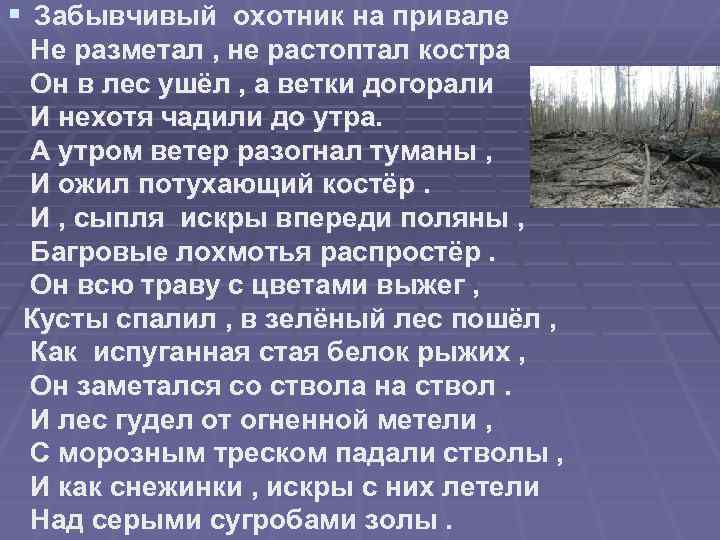 § Забывчивый охотник на привале Не разметал , не растоптал костра Он в лес