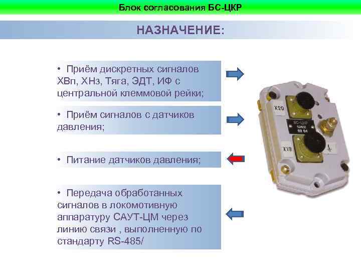 Блок согласования БС-ЦКР НАЗНАЧЕНИЕ: • Приём дискретных сигналов ХВп, ХНз, Тяга, ЭДТ, ИФ с