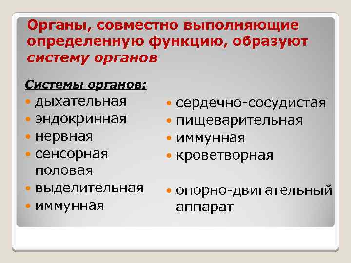 Органы, совместно выполняющие определенную функцию, образуют систему органов Системы органов: дыхательная эндокринная нервная сенсорная
