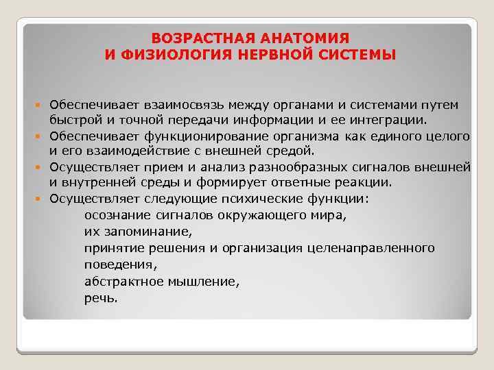 ВОЗРАСТНАЯ АНАТОМИЯ И ФИЗИОЛОГИЯ НЕРВНОЙ СИСТЕМЫ Обеспечивает взаимосвязь между органами и системами путем быстрой