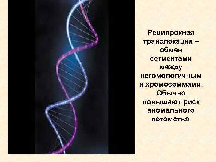 Реципрокная транслокация – обмен сегментами между негомологичным и хромосоммами. Обычно повышают риск аномального потомства.