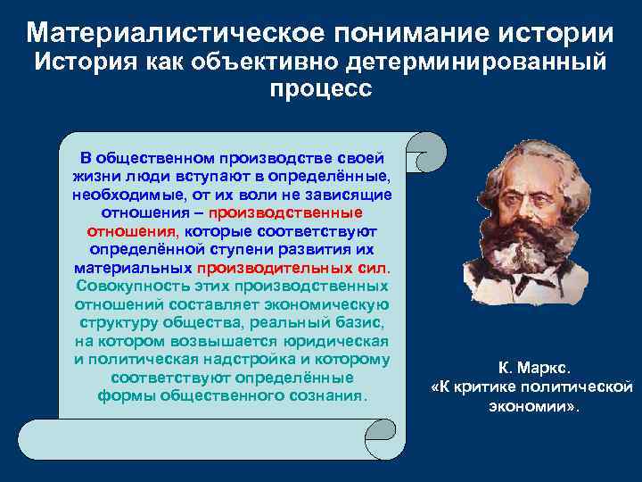 Материалистическое понимание истории История как объективно детерминированный процесс В общественном производстве своей жизни люди