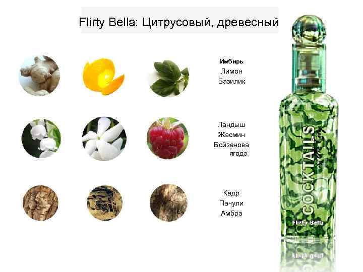 Flirty Bella: Цитрусовый, древесный Имбирь Лимон Базилик Ландыш Жасмин Бойзенова ягода Кедр Пачули Амбра