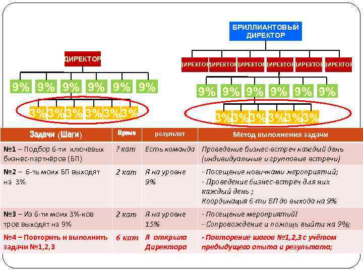 БРИЛЛИАНТОВЫЙ ДИРЕКТОР ДИРЕКТОРДИРЕКТОР 9% 9% 9% 3%3% 3% 3%3%3% Задачи (Шаги) Время результат Метод