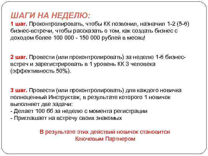 ШАГИ НА НЕДЕЛЮ: 1 шаг. Проконтролировать, чтобы КК позвонил, назначил 1 -2 (5 -6)