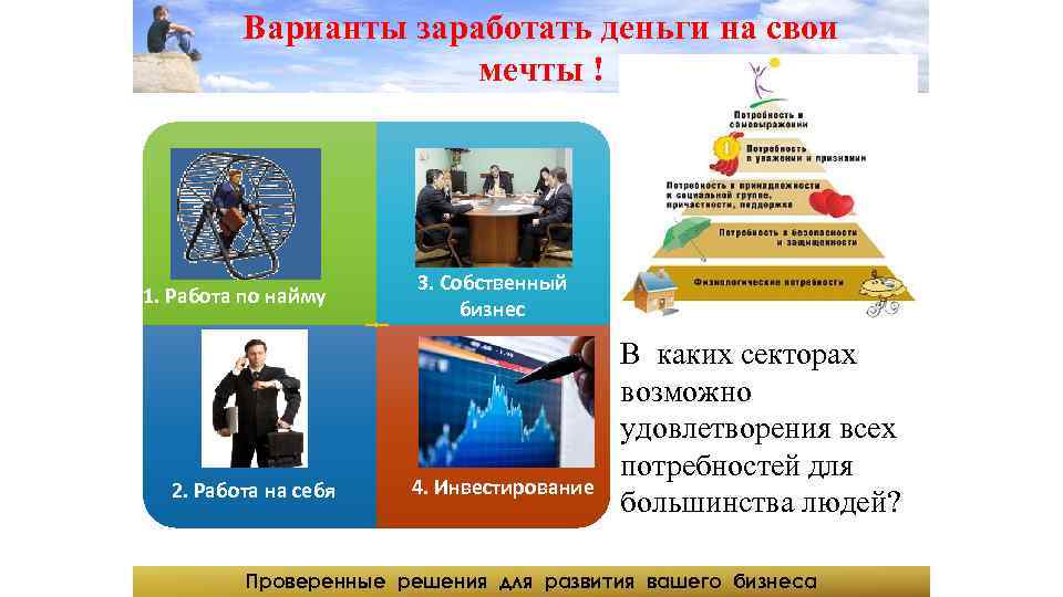 Варианты заработать деньги на свои мечты ! 1. Работа по найму 2. Работа на