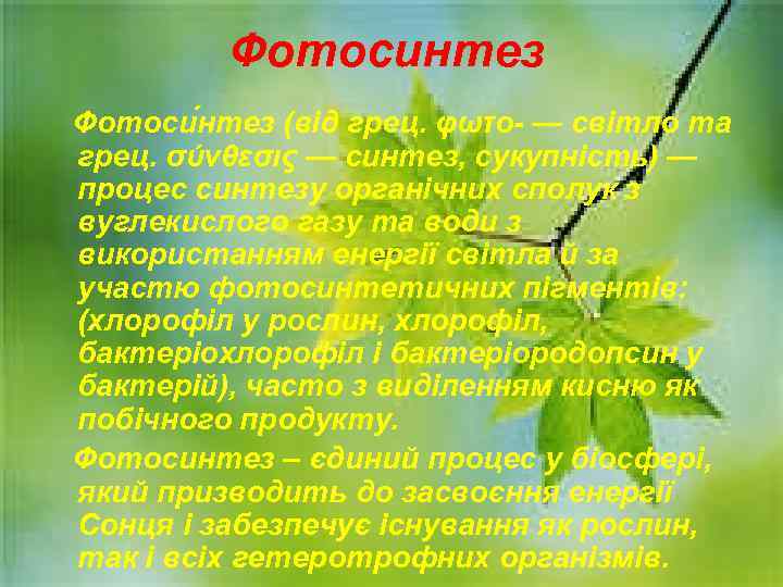 Фотосинтез Фотоси нтез (від грец. φωτο- — світло та грец. σύνθεσις — синтез, сукупність)