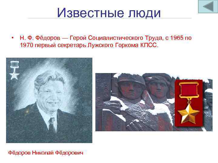 Известные люди • Н. Ф. Фёдоров — Герой Социалистического Труда, с 1965 по 1970