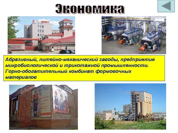Абразивный, литейно-механический заводы, предприятия микробиологической и трикотажной промышленности. Горно-обогатительный комбинат формовочных материалов 