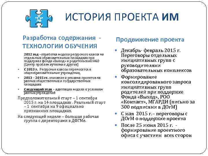 ИСТОРИЯ ПРОЕКТА ИМ Разработка содержания ТЕХНОЛОГИИ ОБУЧЕНИЯ 2012 год –отработка модели ресурсного класса на