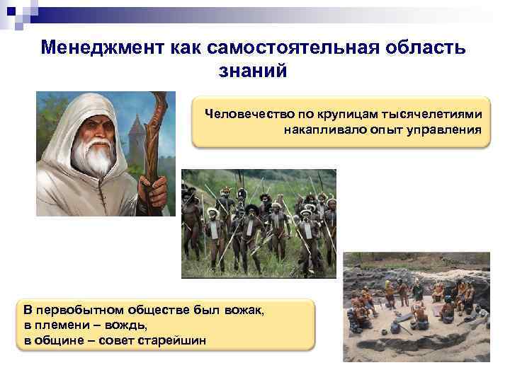 Менеджмент как самостоятельная область знаний Человечество по крупицам тысячелетиями накапливало опыт управления В первобытном
