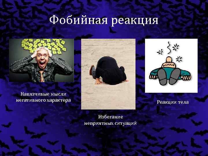 Фобийная реакция Навязчивые мысли негативного характера Реакции тела Избегание неприятных ситуаций 