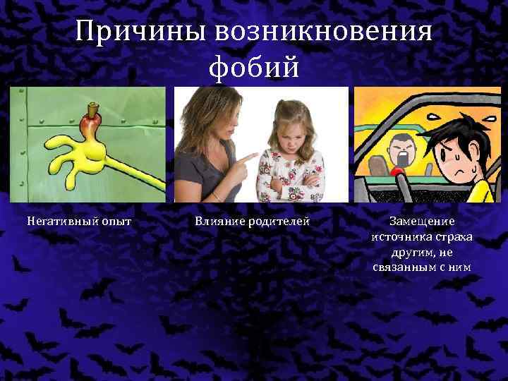 Причины возникновения фобий Негативный опыт Влияние родителей Замещение источника страха другим, не связанным с