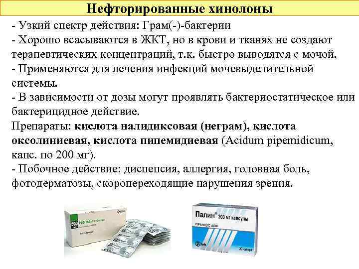 Нефторированные хинолоны - Узкий спектр действия: Грам(-)-бактерии - Хорошо всасываются в ЖКТ, но в