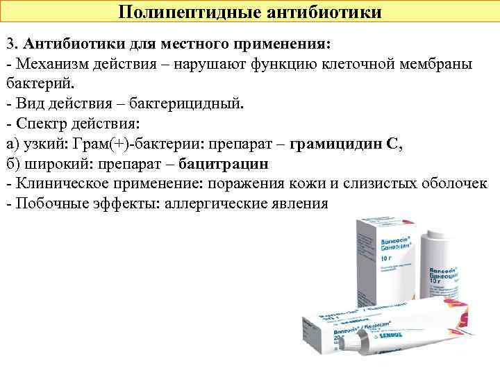 Полипептидные антибиотики 3. Антибиотики для местного применения: - Механизм действия – нарушают функцию клеточной