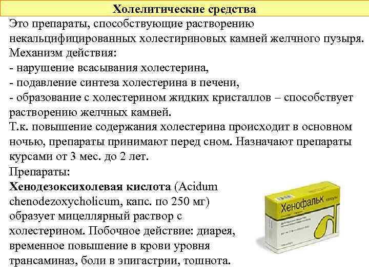 Холелитические средства Это препараты, способствующие растворению некальцифицированных холестириновых камней желчного пузыря. Механизм действия: -