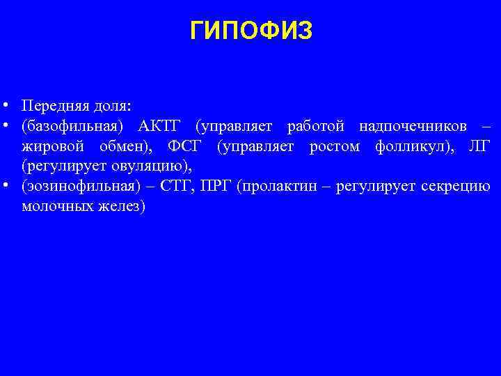 ГИПОФИЗ • Передняя доля: • (базофильная) АКТГ (управляет работой надпочечников – жировой обмен), ФСГ