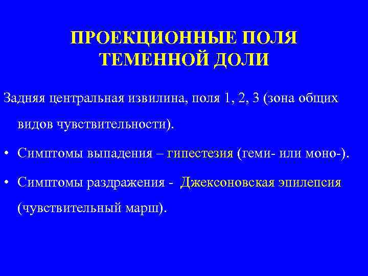 ПРОЕКЦИОННЫЕ ПОЛЯ ТЕМЕННОЙ ДОЛИ Задняя центральная извилина, поля 1, 2, 3 (зона общих видов