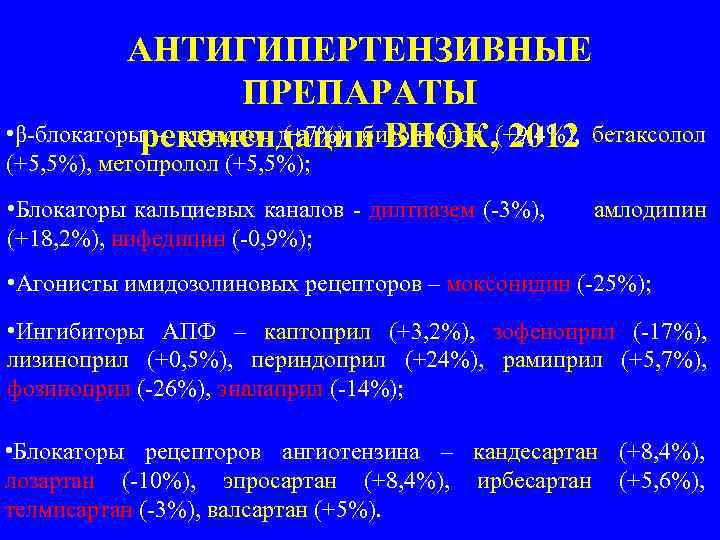АНТИГИПЕРТЕНЗИВНЫЕ ПРЕПАРАТЫ • β-блокаторы – атенолол (+7%), бисопролол (+9, 4%), бетаксолол рекомендации ВНОК, 2012