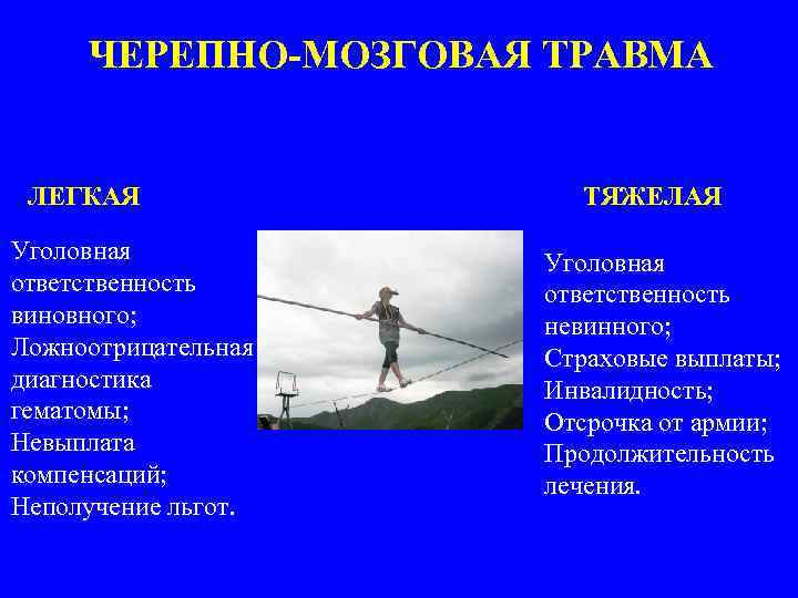 ЧЕРЕПНО-МОЗГОВАЯ ТРАВМА ЛЕГКАЯ Уголовная ответственность виновного; Ложноотрицательная диагностика гематомы; Невыплата компенсаций; Неполучение льгот. ТЯЖЕЛАЯ