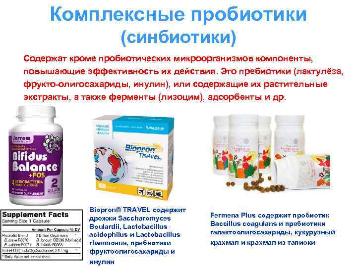 Комплексные пробиотики (синбиотики) Содержат кроме пробиотических микроорганизмов компоненты, повышающие эффективность их действия. Это пребиотики