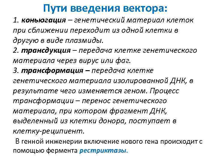  Пути введения вектора: 1. коньюгация – генетический материал клеток при сближении переходит из
