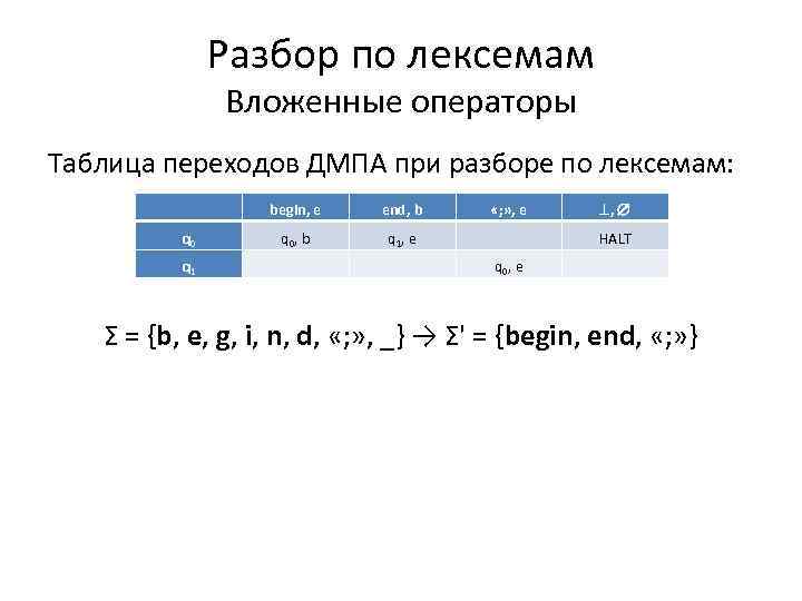 Разбор по лексемам Вложенные операторы Таблица переходов ДМПА при разборе по лексемам: begin, e