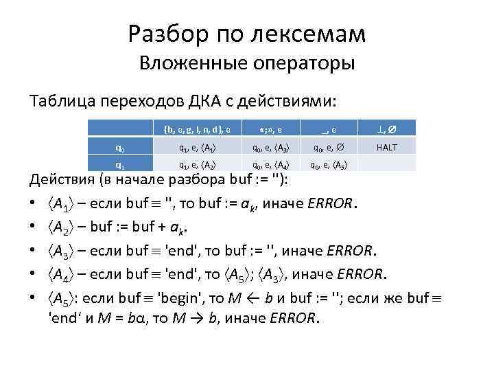 Разбор по лексемам Вложенные операторы Таблица переходов ДКА с действиями: {b, e, g, i,