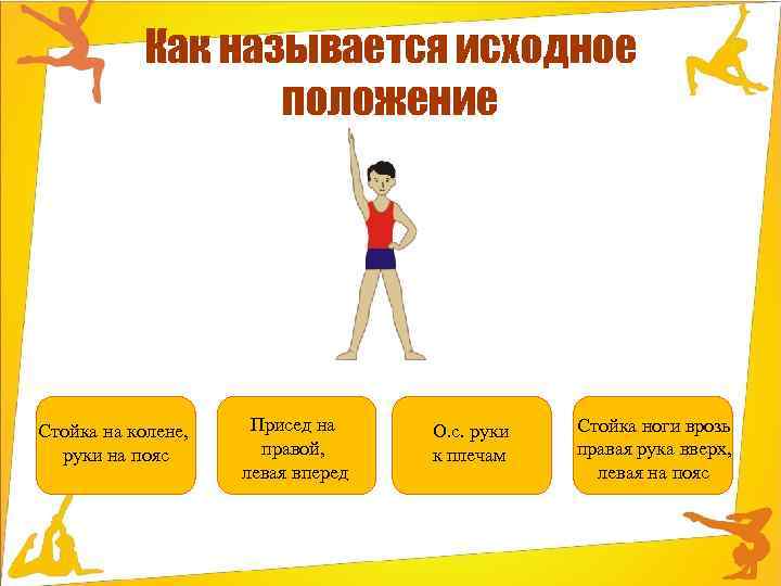 Как называется исходное положение Стойка на колене, руки на пояс Присед на правой, левая