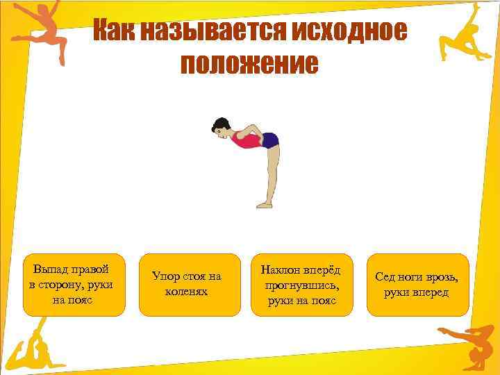 Как называется исходное положение Выпад правой в сторону, руки на пояс Упор стоя на