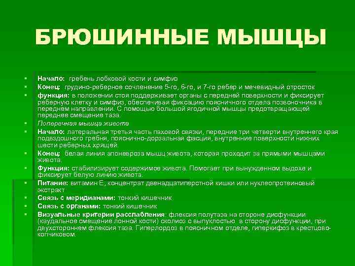 БРЮШИННЫЕ МЫШЦЫ § § § Начало: гребень лобковой кости и симфиз Конец: грудино реберное