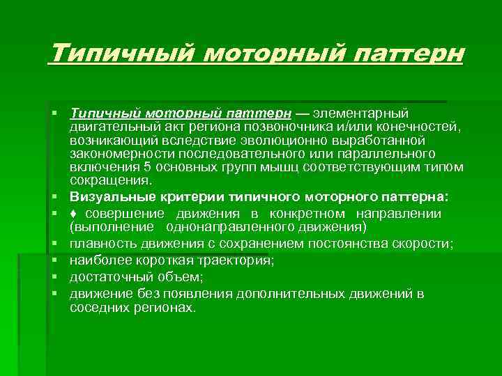 Типичный моторный паттерн § Типичный моторный паттерн — элементарный двигательный акт региона позвоночника и/или