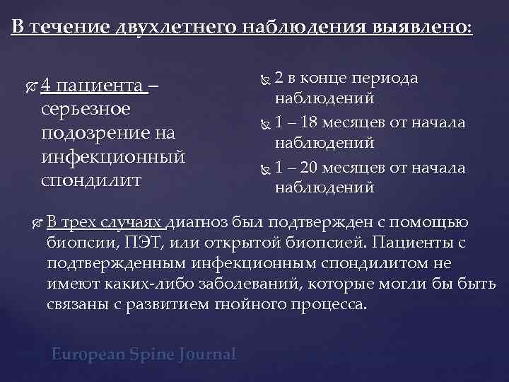 В течение двухлетнего наблюдения выявлено: 4 пациента – серьезное подозрение на инфекционный спондилит 2