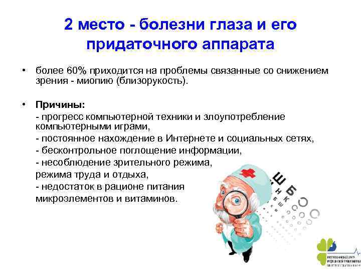 2 место - болезни глаза и его придаточного аппарата • более 60% приходится на