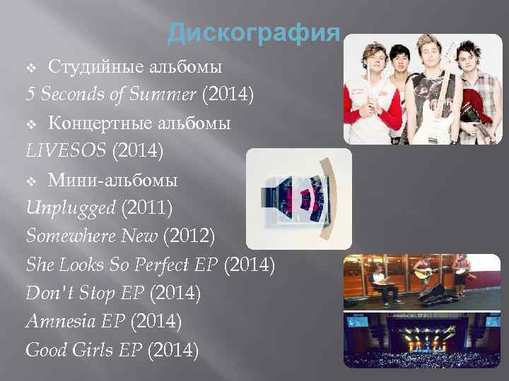 Дискография Студийные альбомы 5 Seconds of Summer (2014) v Концертные альбомы LIVESOS (2014) v