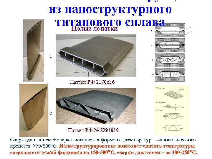 из наноструктурного титанового сплава Полые лопатки 1 Патент РФ 2170636 2 Патент РФ №