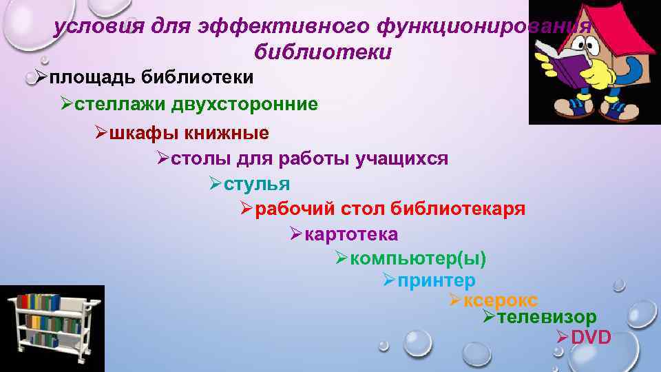 условия для эффективного функционирования библиотеки Øплощадь библиотеки Øстеллажи двухсторонние Øшкафы книжные Øстолы для работы