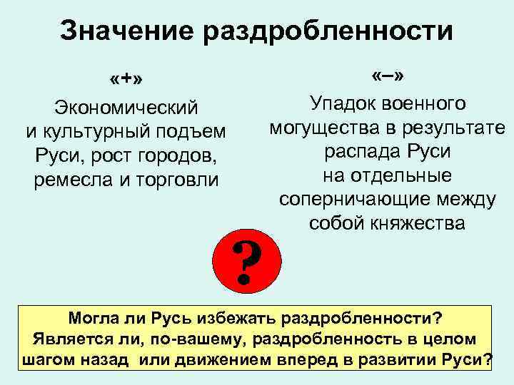 Значение раздробленности «+» Экономический и культурный подъем Руси, рост городов, ремесла и торговли ?