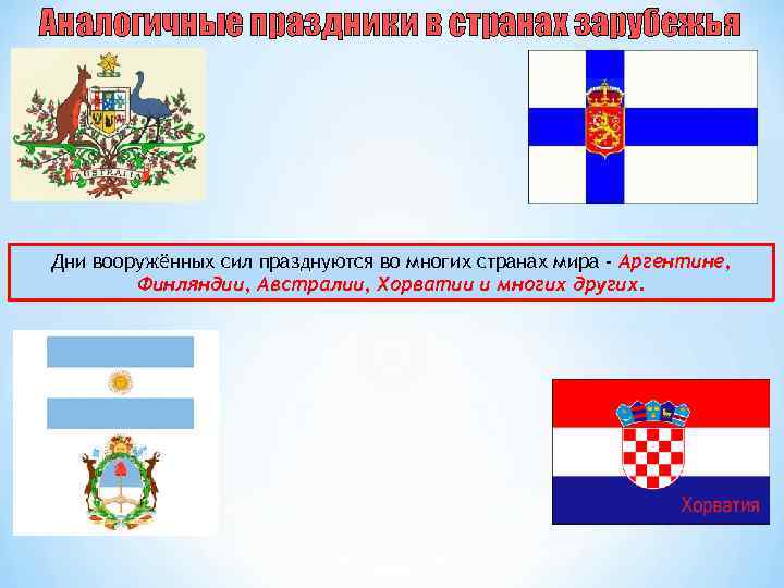 Аналогичные праздники в странах зарубежья Дни вооружённых сил празднуются во многих странах мира -