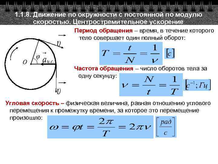 1. 1. 8. Движение по окружности с постоянной по модулю скоростью. Центростремительное ускорение Период