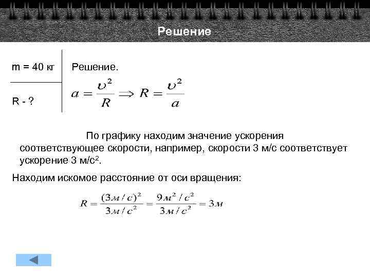 Решение m = 40 кг Решение. R - ? По графику находим значение ускорения