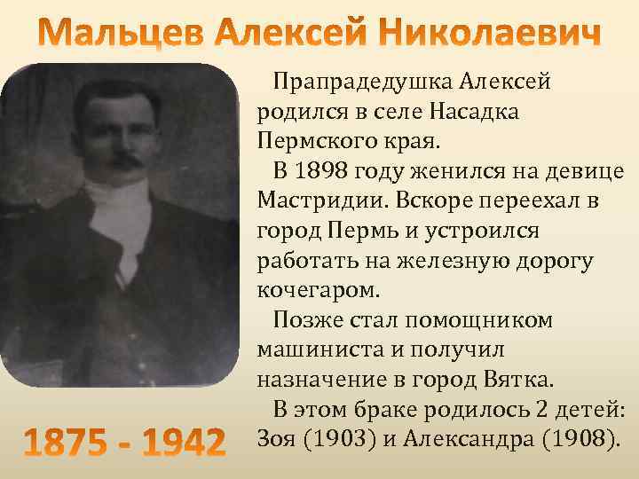Прапрадедушка Алексей родился в селе Насадка Пермского края. В 1898 году женился на девице